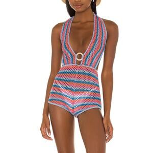 Lovers + Friends Crochet Romper LARGE Halter Coverup Stripe Cut Out $168 NEW